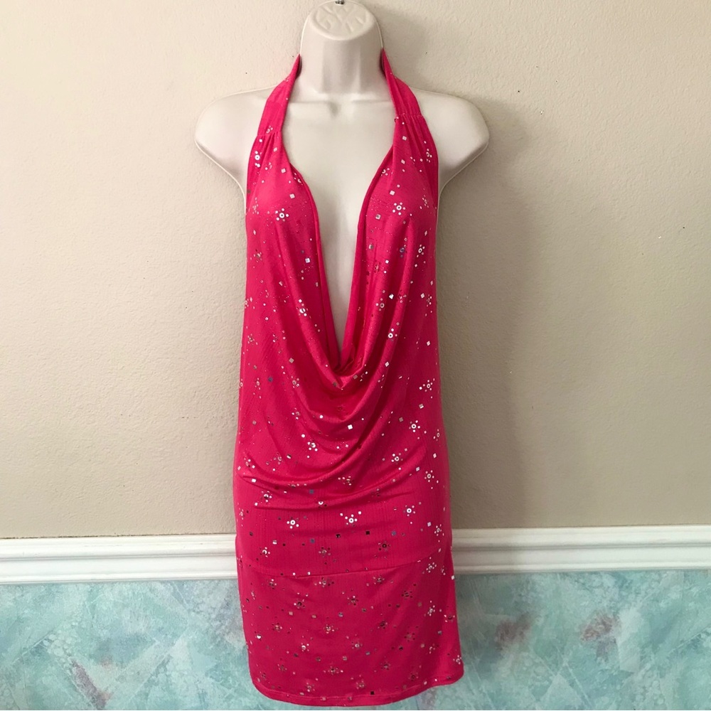 Y2K Vintage Sexy Hot Pink Deep V-neck Sequin Party Backless Halter Bodycon Dress